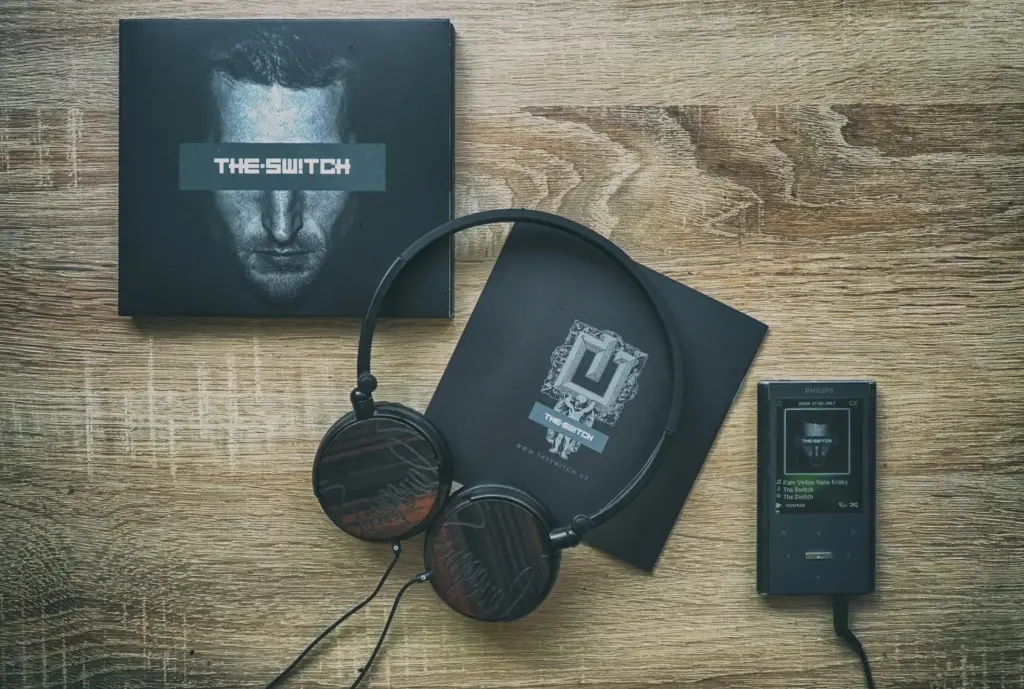 Flat lay of headphones and music player on a wooden surface.